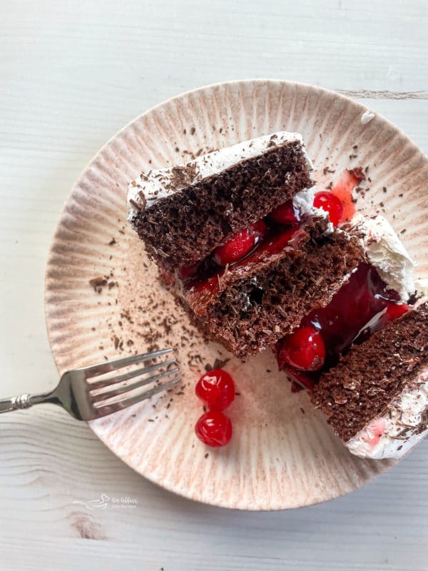 one slice of black forest cake on plate with fork 