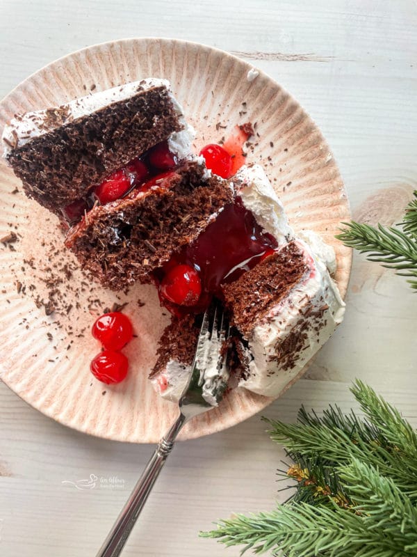 one slice of black forest cake on plate with cherries