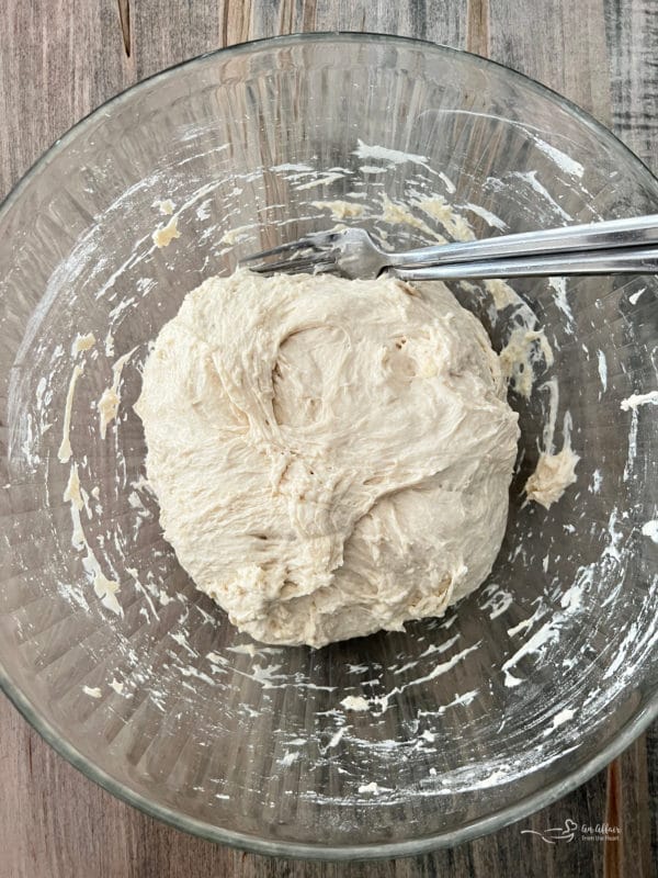 mixed peasant bread dough in bowl with fork