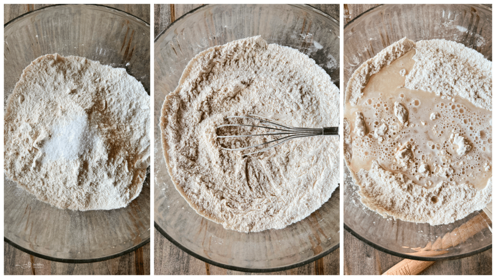 whisking flour and salt in bowl with water and yeast