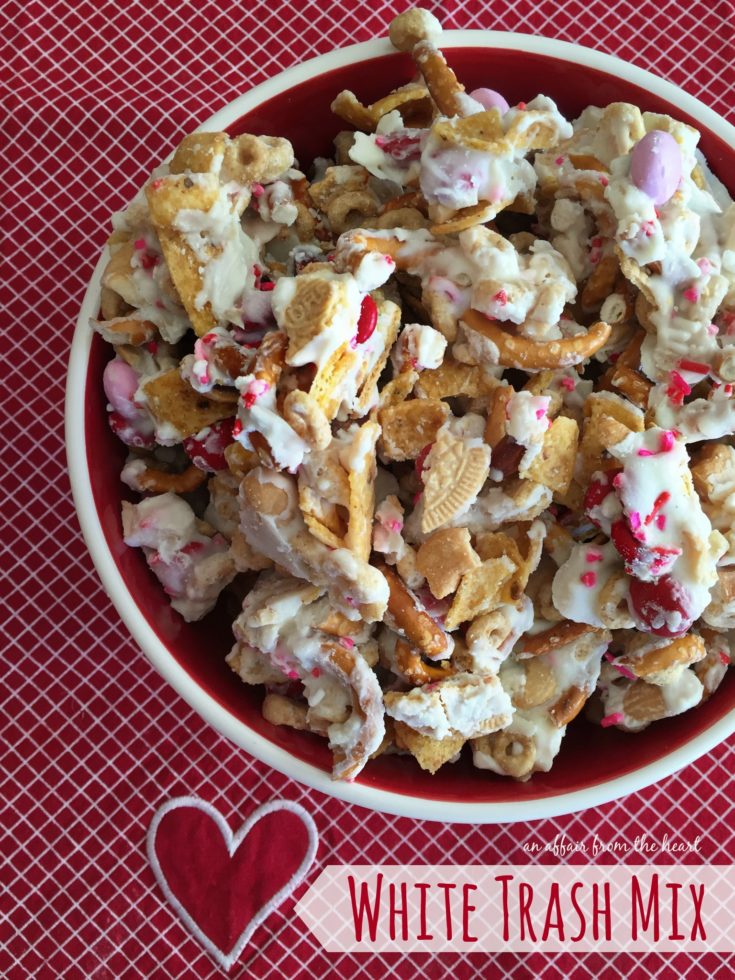 Overhead of White Trash Mix in a valentine bowl