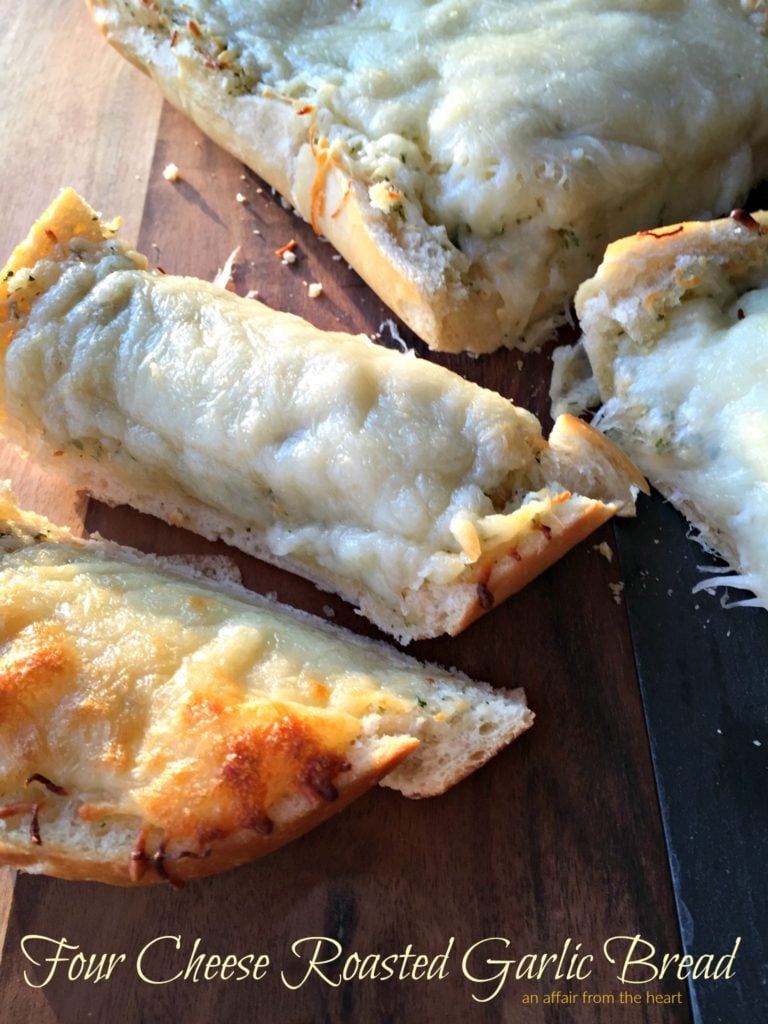 Close up of Four Cheese Roasted Garlic Bread