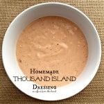 overhead of dressing in a white bowl with text 'Homemade Thousand Island Dressing"
