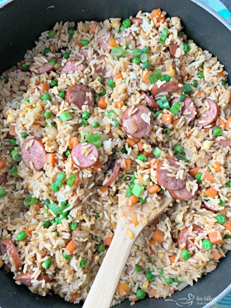 Overhead of Kielbasa Fried Rice in a pan