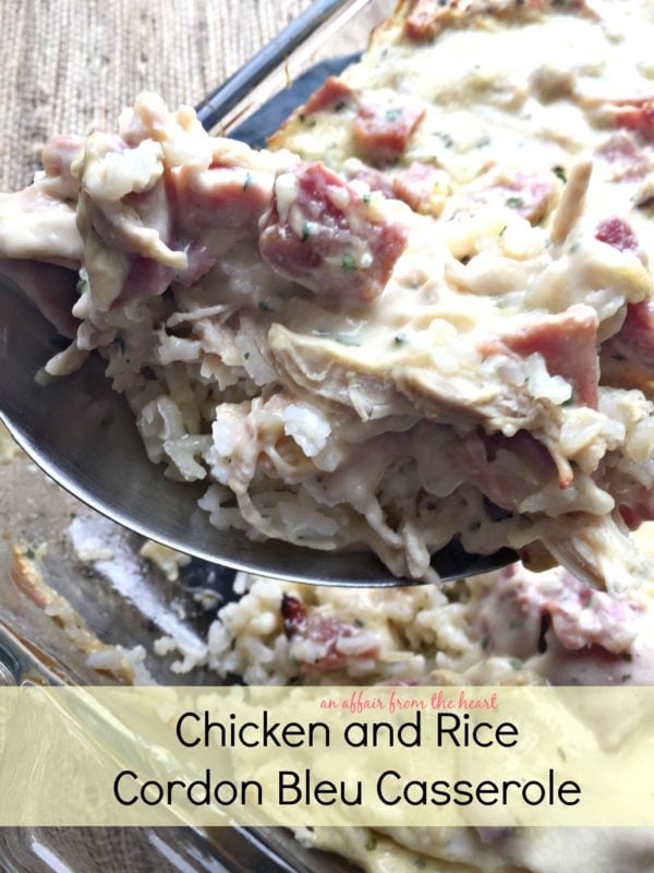 Close up of casserole on a spoon and text "Chicken and Rice Cordon Bleu Casserole"