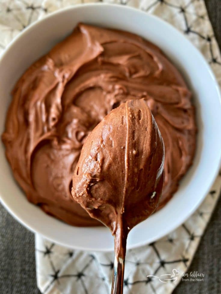 Close up of Sour Cream Chocolate Frosting on a spoon