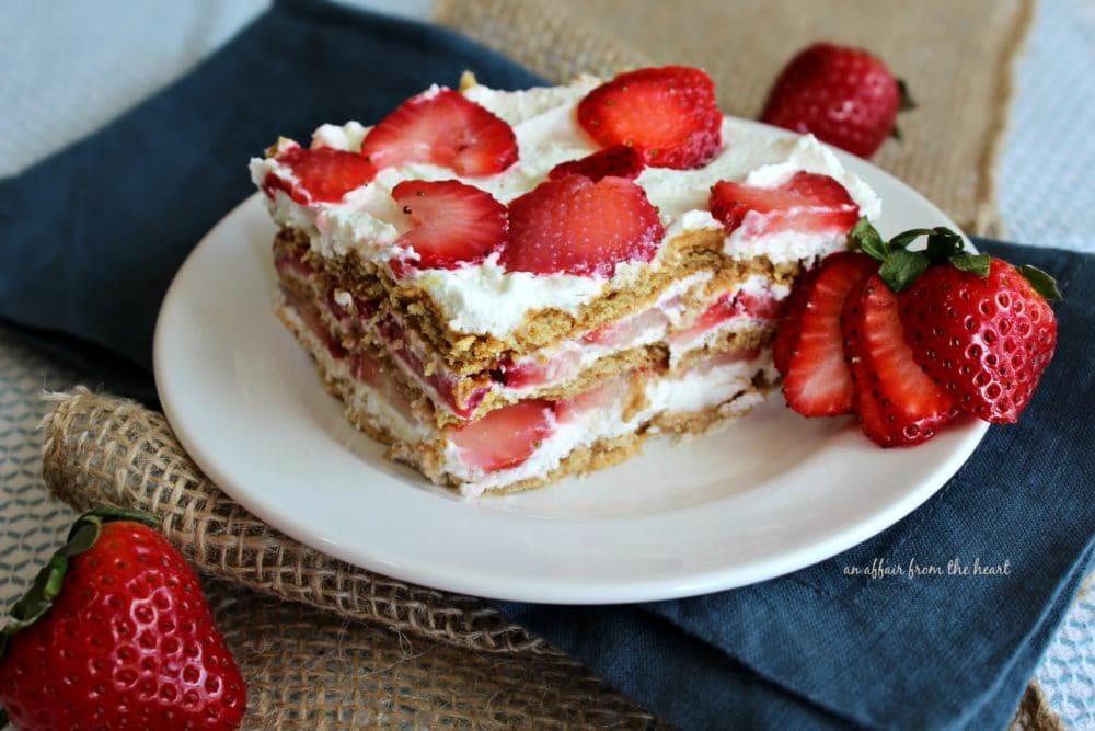 Piece of Old Fashioned Strawberry Icebox Cake on a white plate