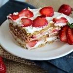 Piece of Old Fashioned Strawberry Icebox Cake on a white plate