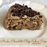 side view of a slice of cake on a white plate with text "Mocha Chocolate Chip Icebox Cake"