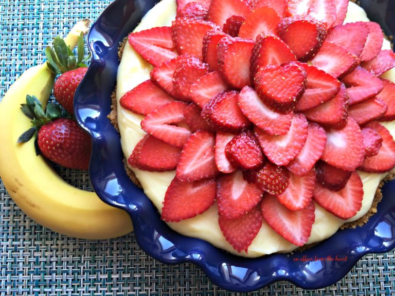 extreme close up of Strawberry Banana Cream Pie