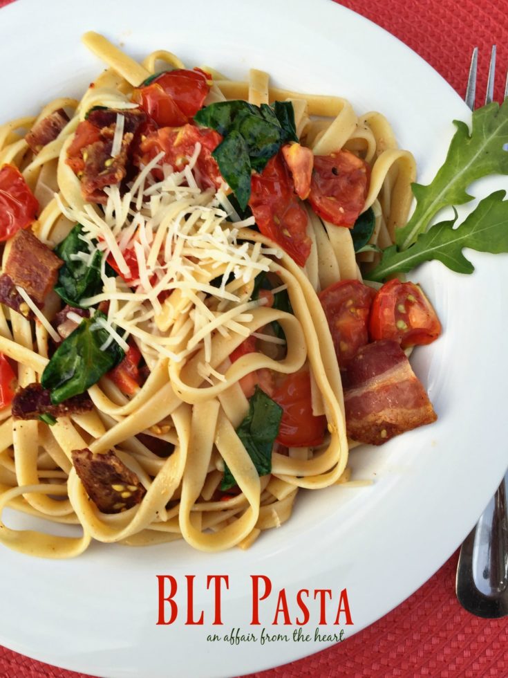 BLT Pasta in a white bowl