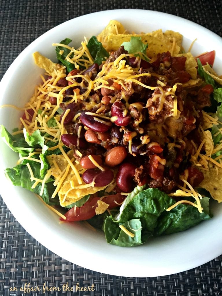 Overhead of Copy Cat Wendy's Original Taco Salad in a white bowl