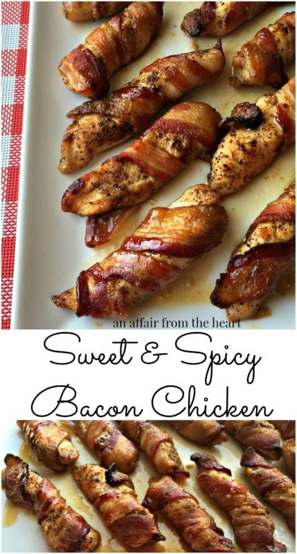 Pinterest double image with text "Sweet & Spicy Bacon Chicken"