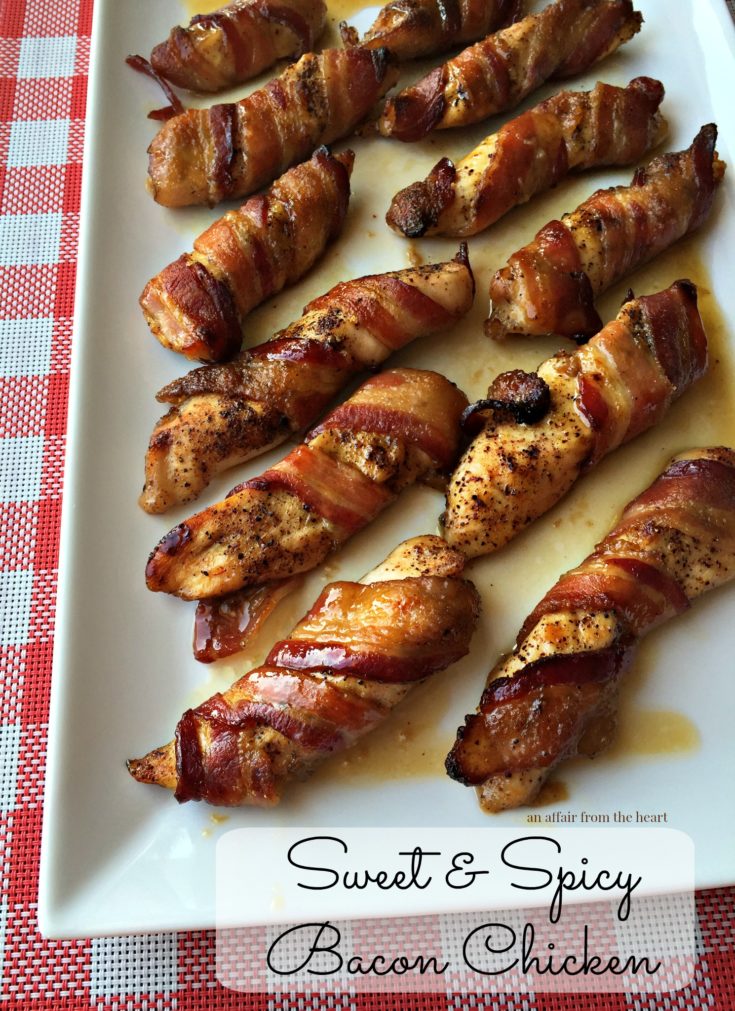 Sweet & Spicy Bacon Chicken on a white serving platter