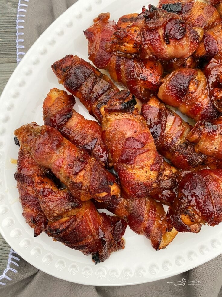Sweet & Spicy Bacon Wrapped Chicken on a White Plate