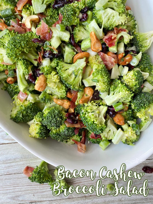 Bowl filled with bacon cashew broccoli salad