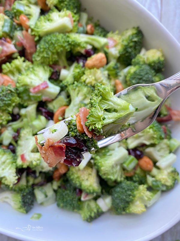 One bowl filled with bacon cashew broccoli salad