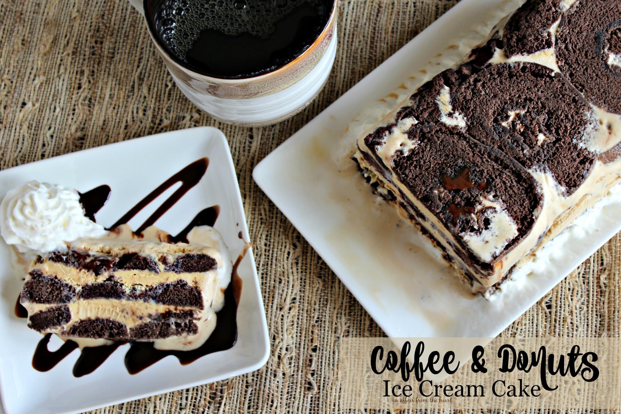 Overhead of Coffee & Donuts Ice Cream Cake and a slice on a white plate