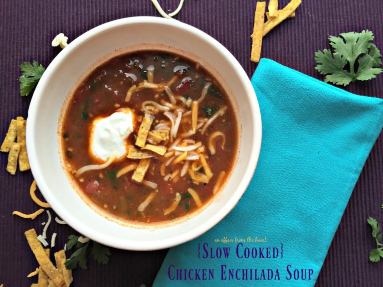 overhead of soup in a white bowl with text "slow cooked Chicken Enchilada Soup"