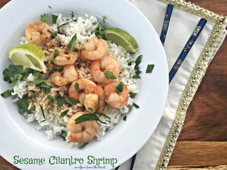 Sesame Cilantro Shrimp with rice in a white bowl