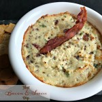 Dip in a white bowl with text "Hot Bacon & Swiss Dip"