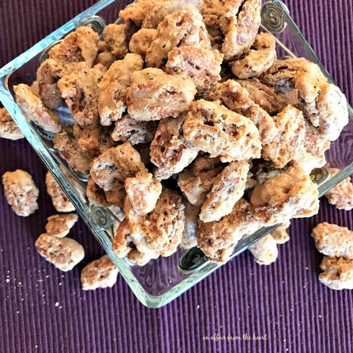 Sugared Pecans Recipe great for sncaking, holiday platters, and gifts!