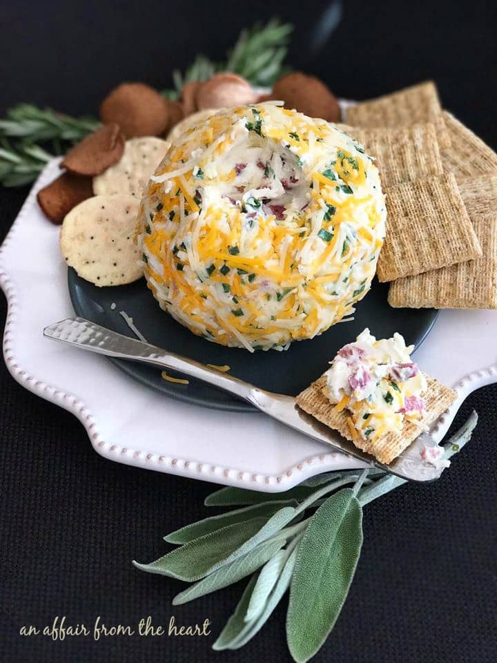 Summer Sausage Cheese Ball and crackers on a white serving plate