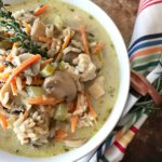 Chicken, Mushroom & Wild Rice Soup in a white bowl
