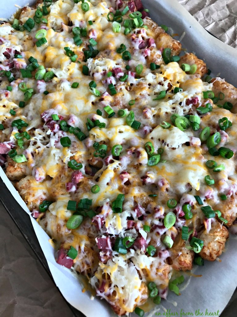 Reuben Sheet Pan Totchos (Tater Tot Nachos) in a baking dish