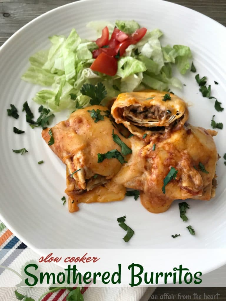 Slow Cooker Smothered Burritos three ingredients, done in the crock pot.