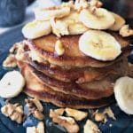 Stack of Banana Bread Pancakes on a blue plate