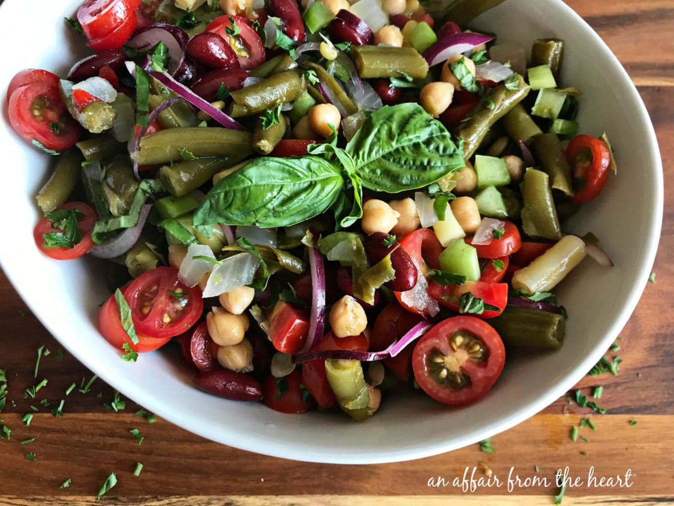 Quick Italian Bean Salad made with Four Bean Salad and Fresh Herbs and Veggies