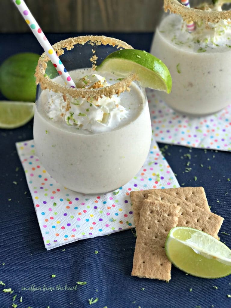 Key lime pie smoothie on a polka dot napkin