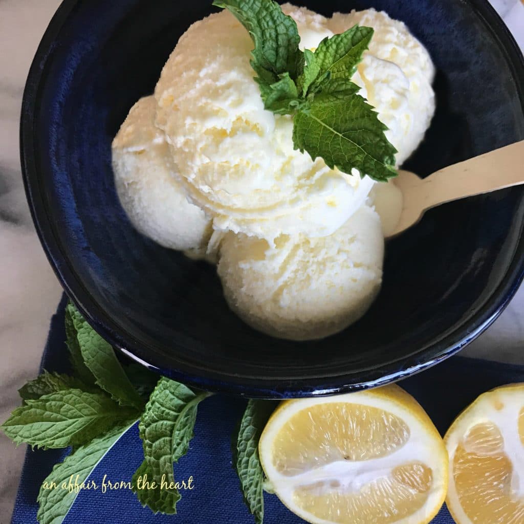 Overhead of Lemon Ice Cream in a blue bowl