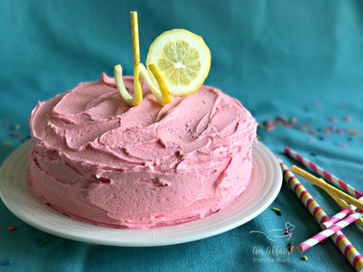 Pink Lemonade Cake on a white serving plate