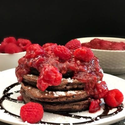 Chocolate Pancakes with Raspberry Sauce