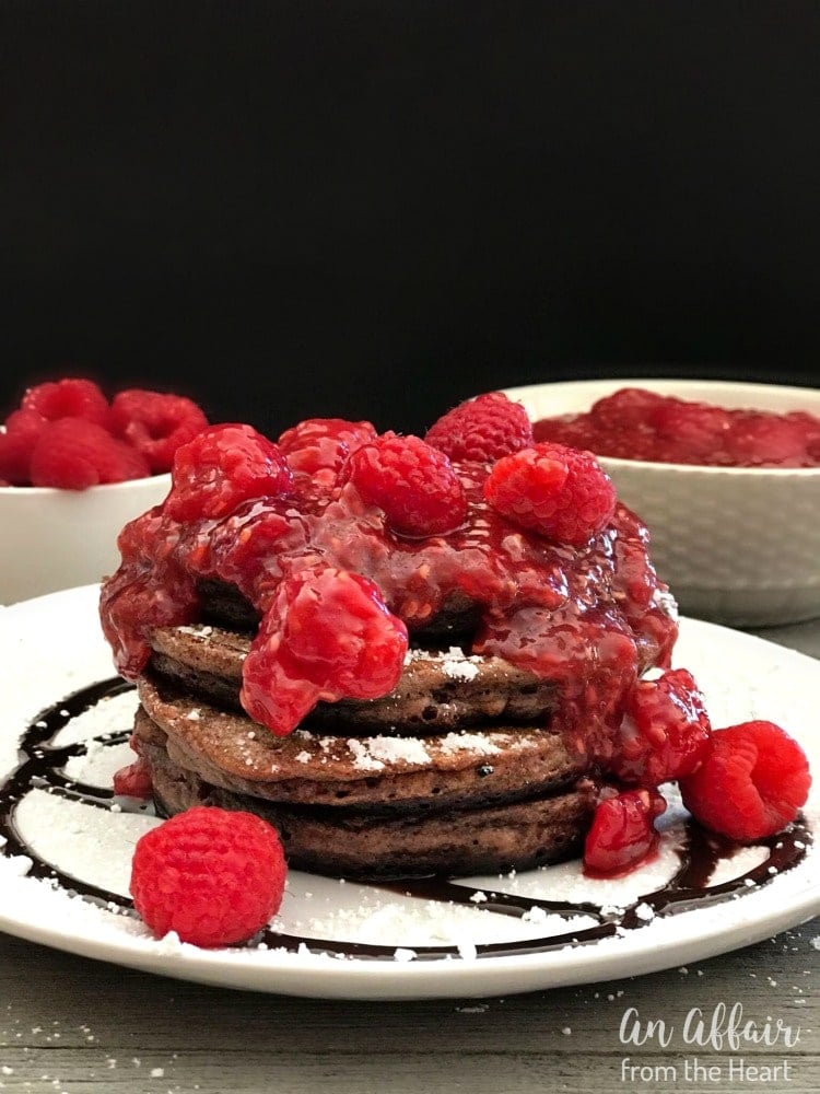 Side view of Chocolate Pancakes with Raspberry Sauce