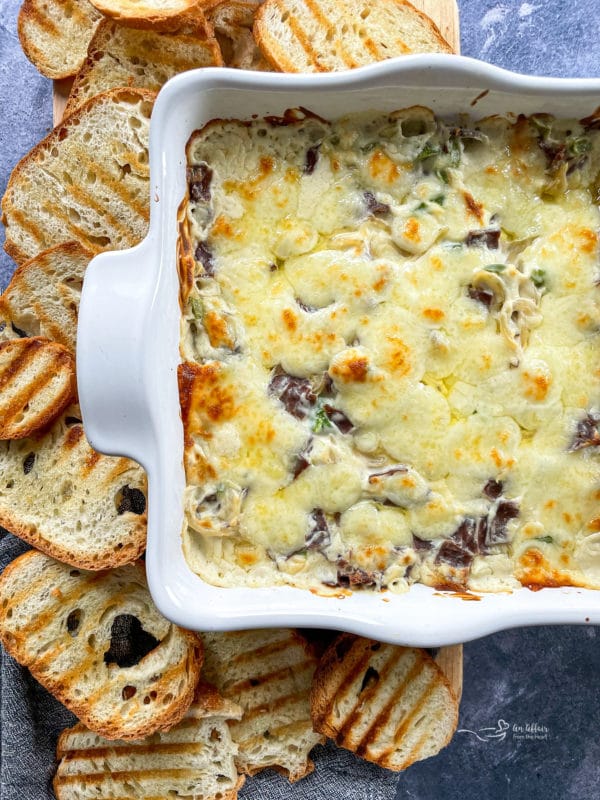 baking dish with philly cheese steak dip 