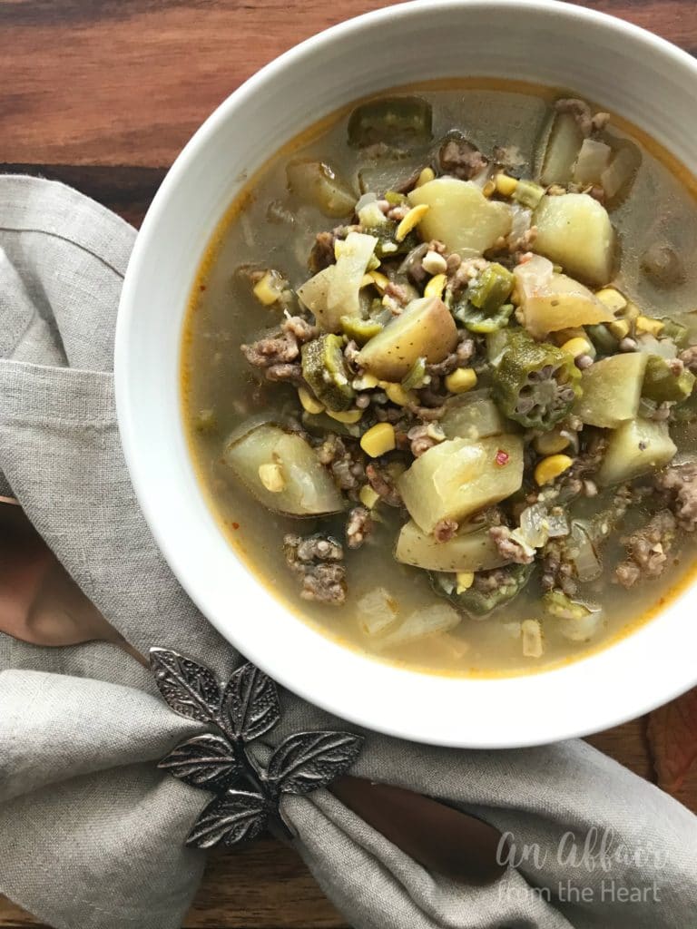 Overhead of Rustic Harvest Stew in a white bowl