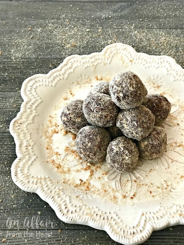 Mocha Rum Balls on a white serving tray