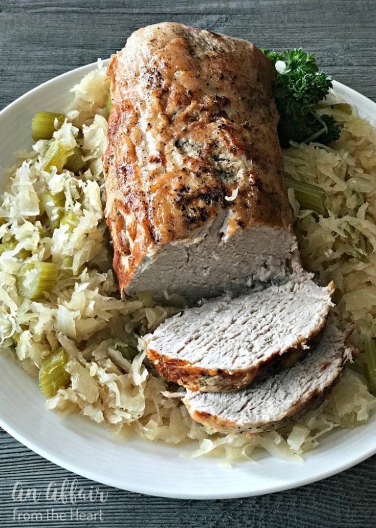 Pork Roast & Sauerkraut on a white serving plate