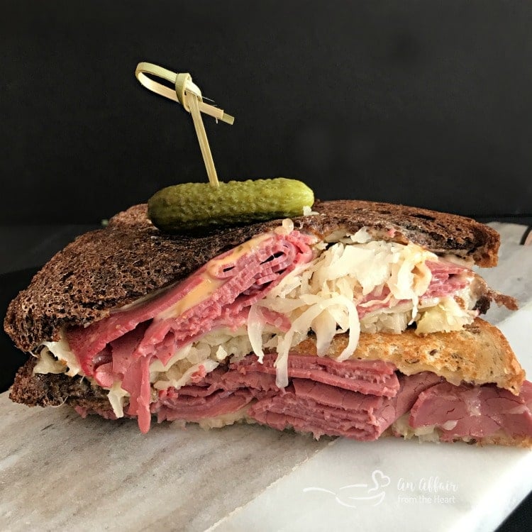 Reuben Sandwich close up on a counter