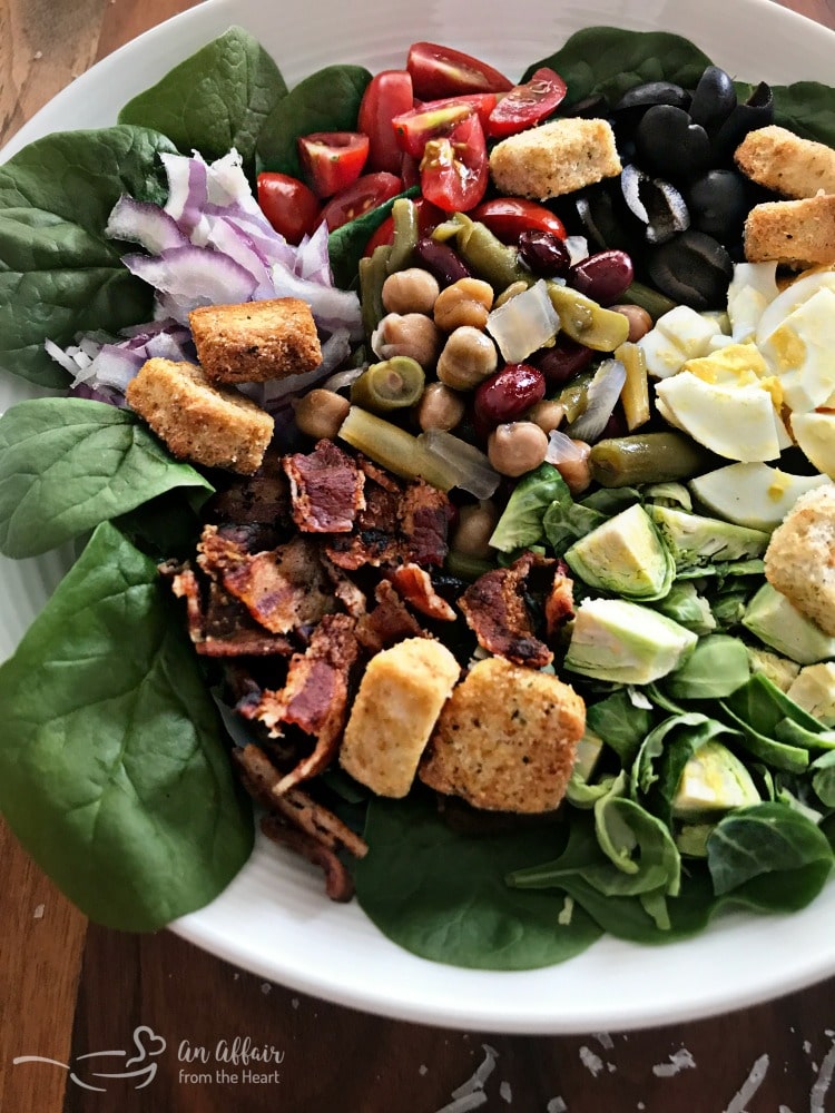 Loaded Spinach Salad with Creamy Roasted Garlic Dressing