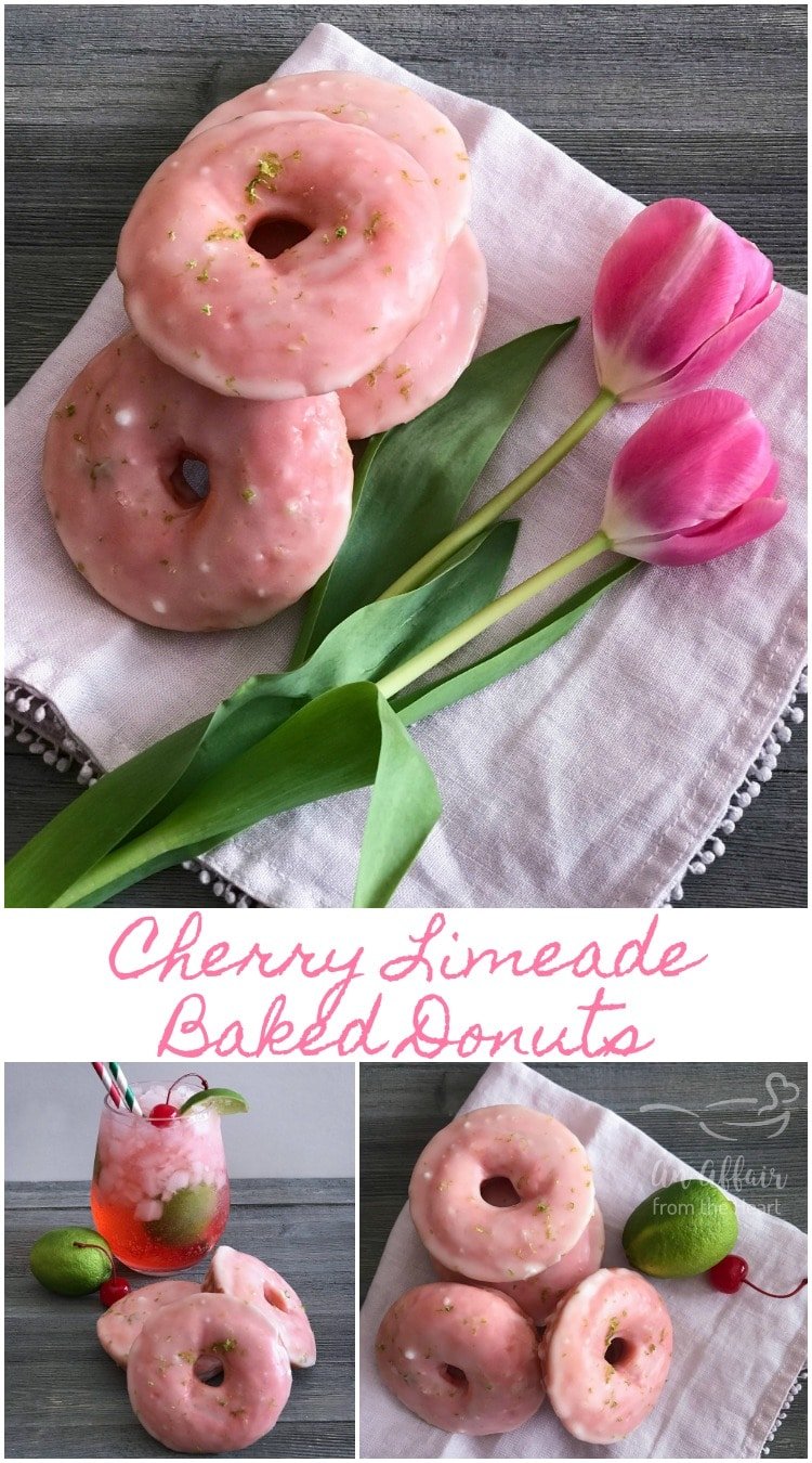 Cherry Limeade Baked Donuts - An Affair from the Heart - Baked glazed donuts reminiscent of that age old drink, the Cherry Limeade!