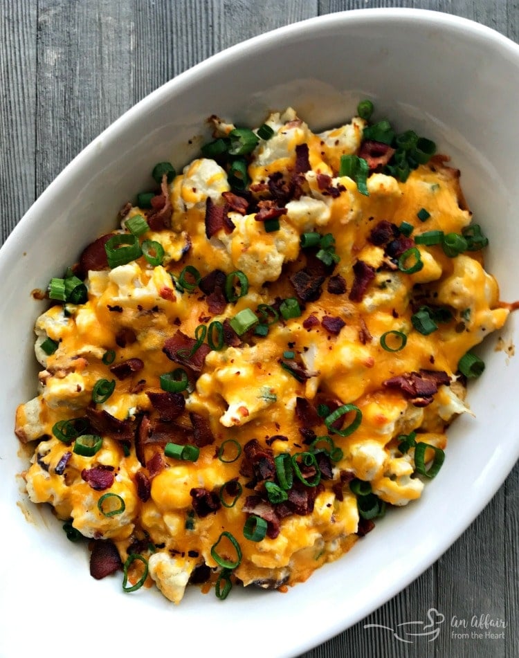 Loaded Cauliflower Casserole - An Affair from the Heart - Loaded baked potato meets cauliflower - baked in this super easy, extra delicious casserole!