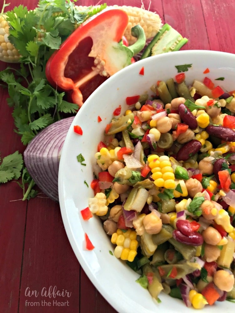 Mexican Four Bean Salad in a white bowl