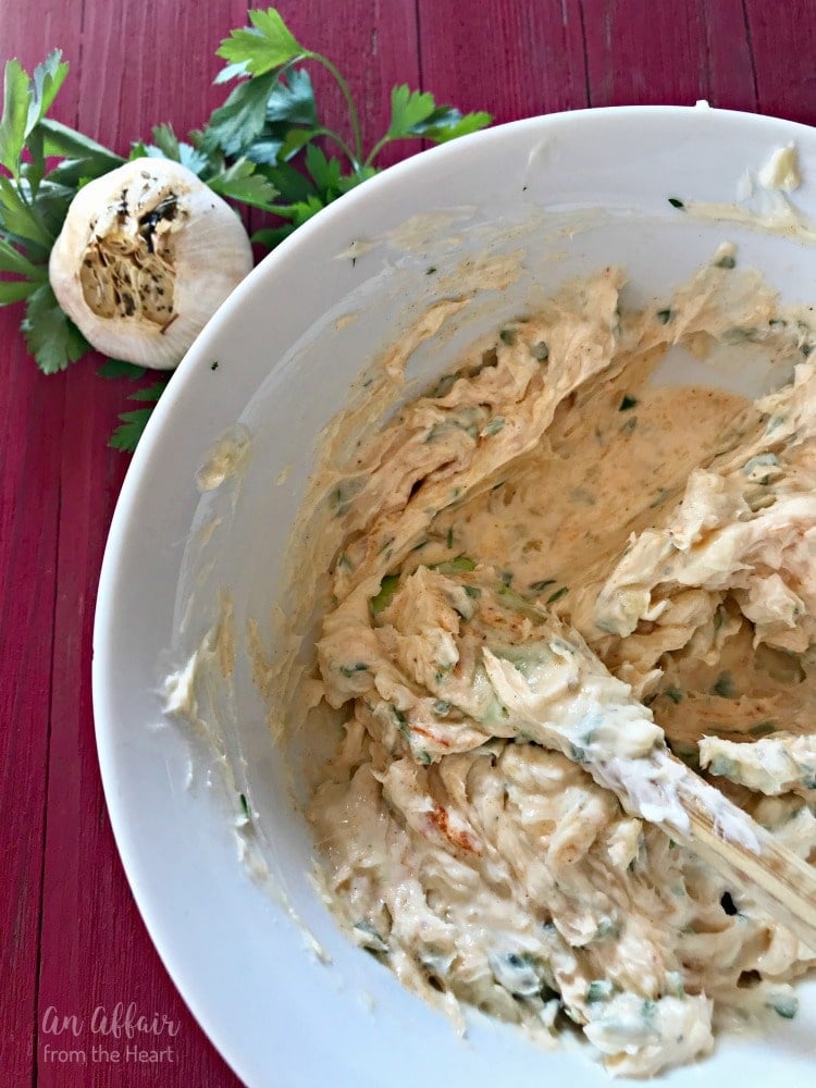 overhead of Roasted Garlic Butter in a white bowl