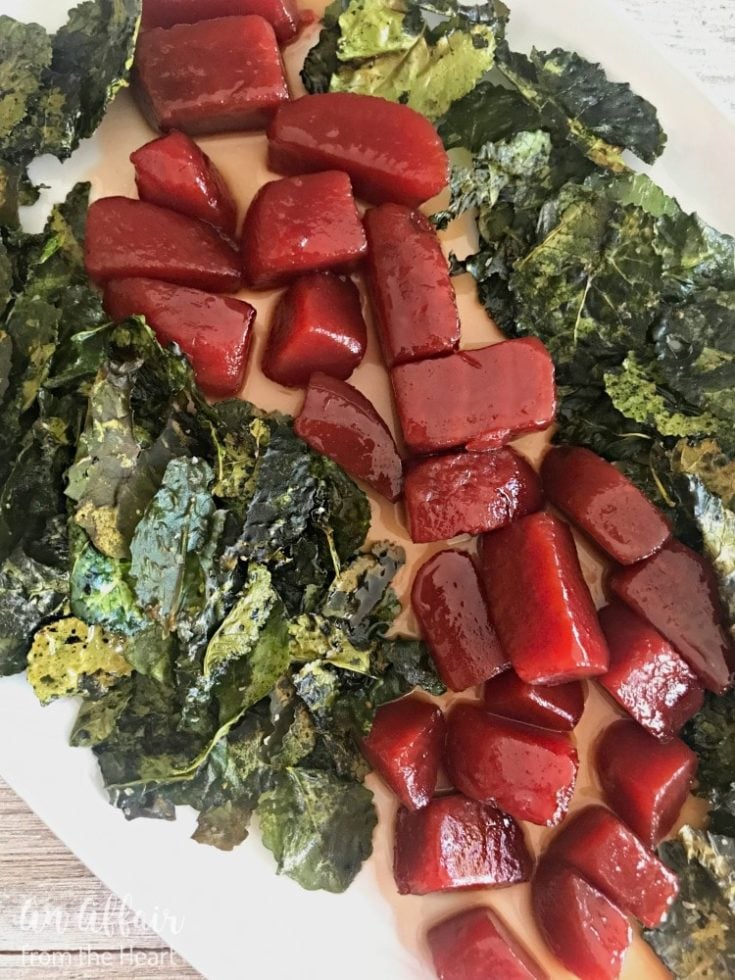 Overhead of Honey Bourbon Glazed Beets with Crispy Kale