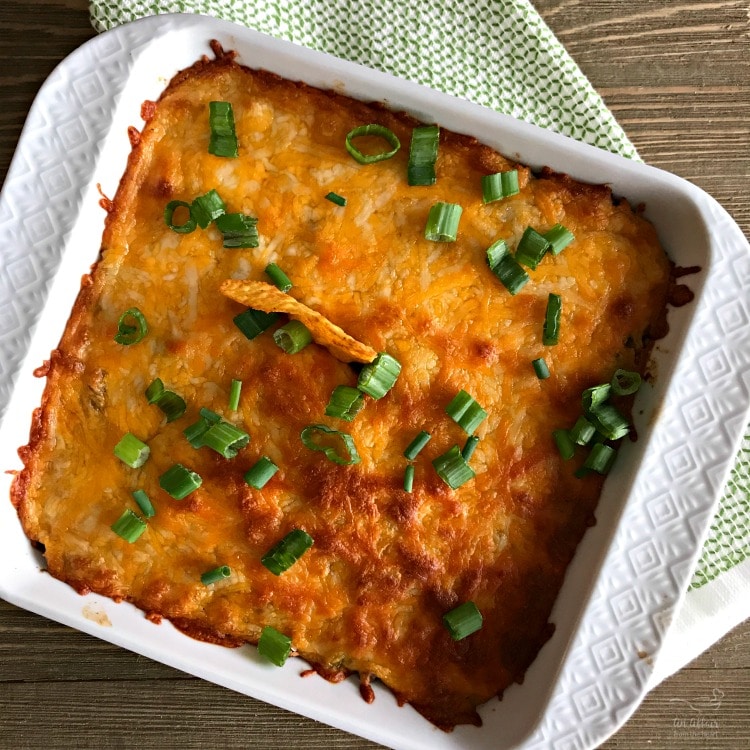 Mom's Taco Casserole made with seasoned ground beef, Doritos & cheese