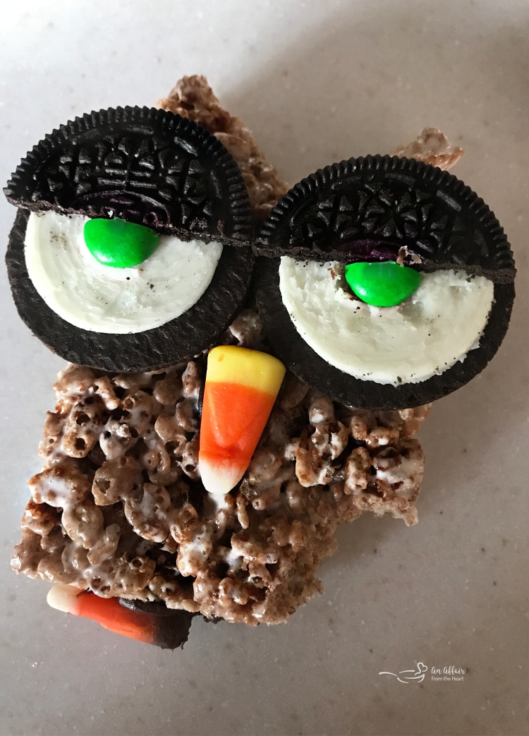 Cocoa Krispy Treat Owls - both a treat and a craft for Halloween
